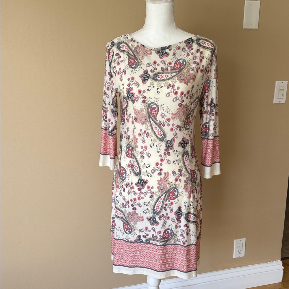 Atmosphere Cream and Red Paisley Long Sleeve Dress
